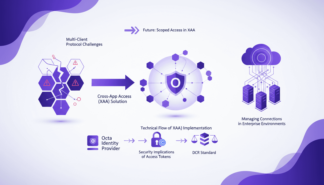 Modern illustration of MCP challenges, XAA solution, Octa's role, technical flow, security implications, CIMD DCR comparison, connection management.