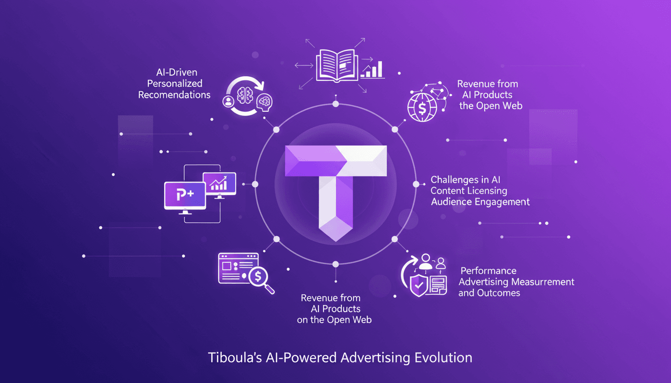 Illustration moderne de Tiboula en publicité de performance avec recommandations personnalisées IA et partenariats CTV, style minimaliste.