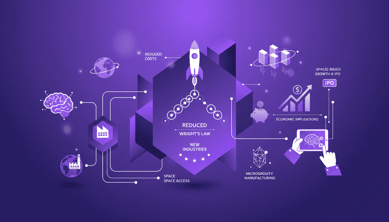 Illustration moderne de SpaceX réduisant les coûts de voyage spatial, impact de la loi de Wright, industries émergentes, IA et robotique.