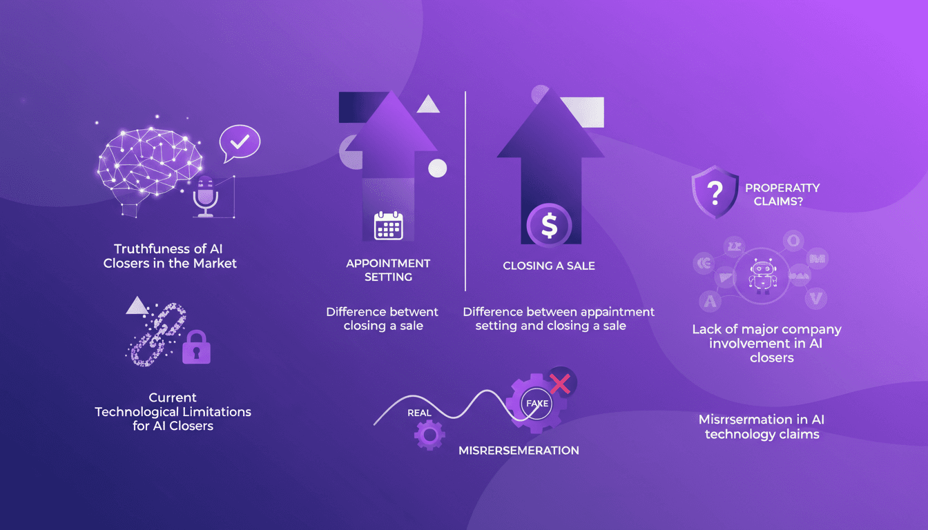 Illustration moderne de l'honnêteté des fermetures IA, limitations technologiques actuelles, différence entre prise de rendez-vous et clôture de vente