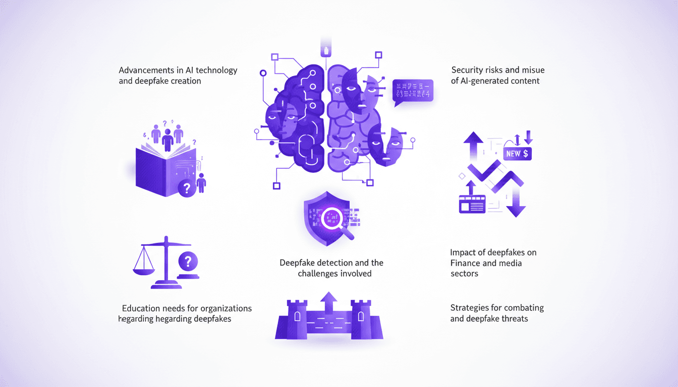 Modern illustration on deepfake impact in finance and media, highlighting AI security risks and challenges in detection and ethical implications.
