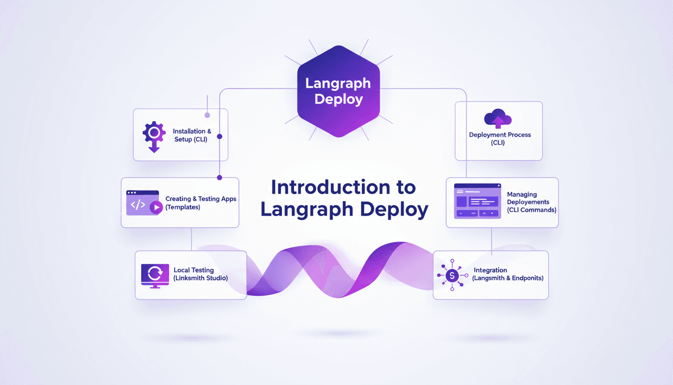 Illustration moderne et professionnelle sur Langraph Deploy, CLI et intégration avec Linksmith, mettant en avant des formes géométriques et des dégradés.