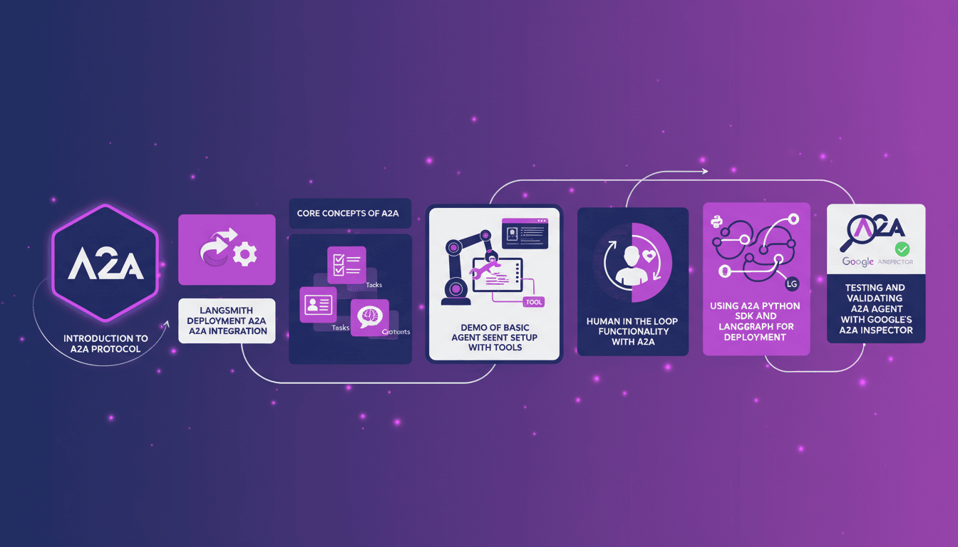 Illustration moderne minimaliste de l'introduction au protocole A2A, intégration LangSmith, concepts clés et déploiement avec Python SDK.
