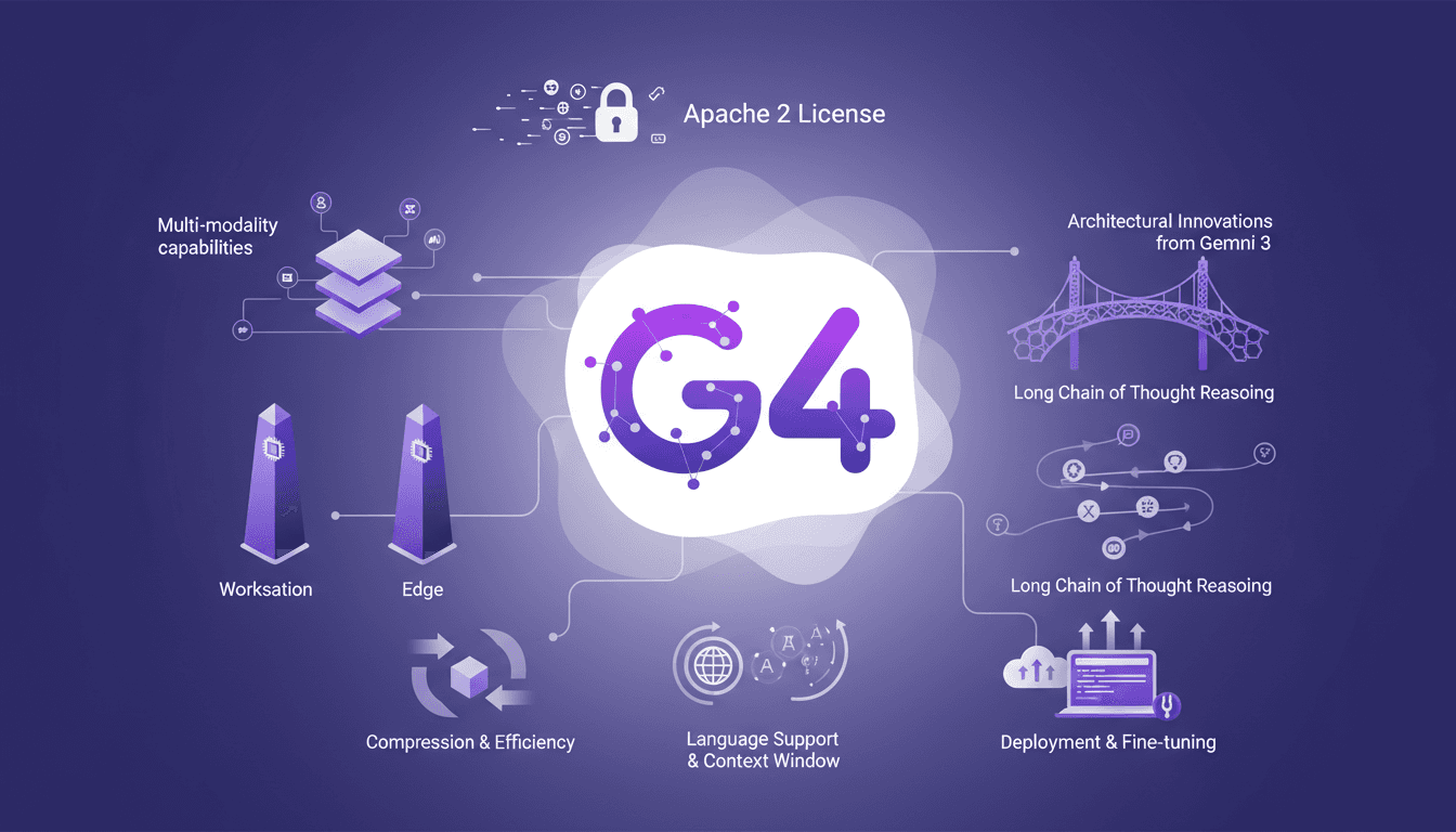Illustration moderne de la sortie des modèles Gemma 4 sous licence Apache 2, avec capacités multimodales et innovations architecturales.