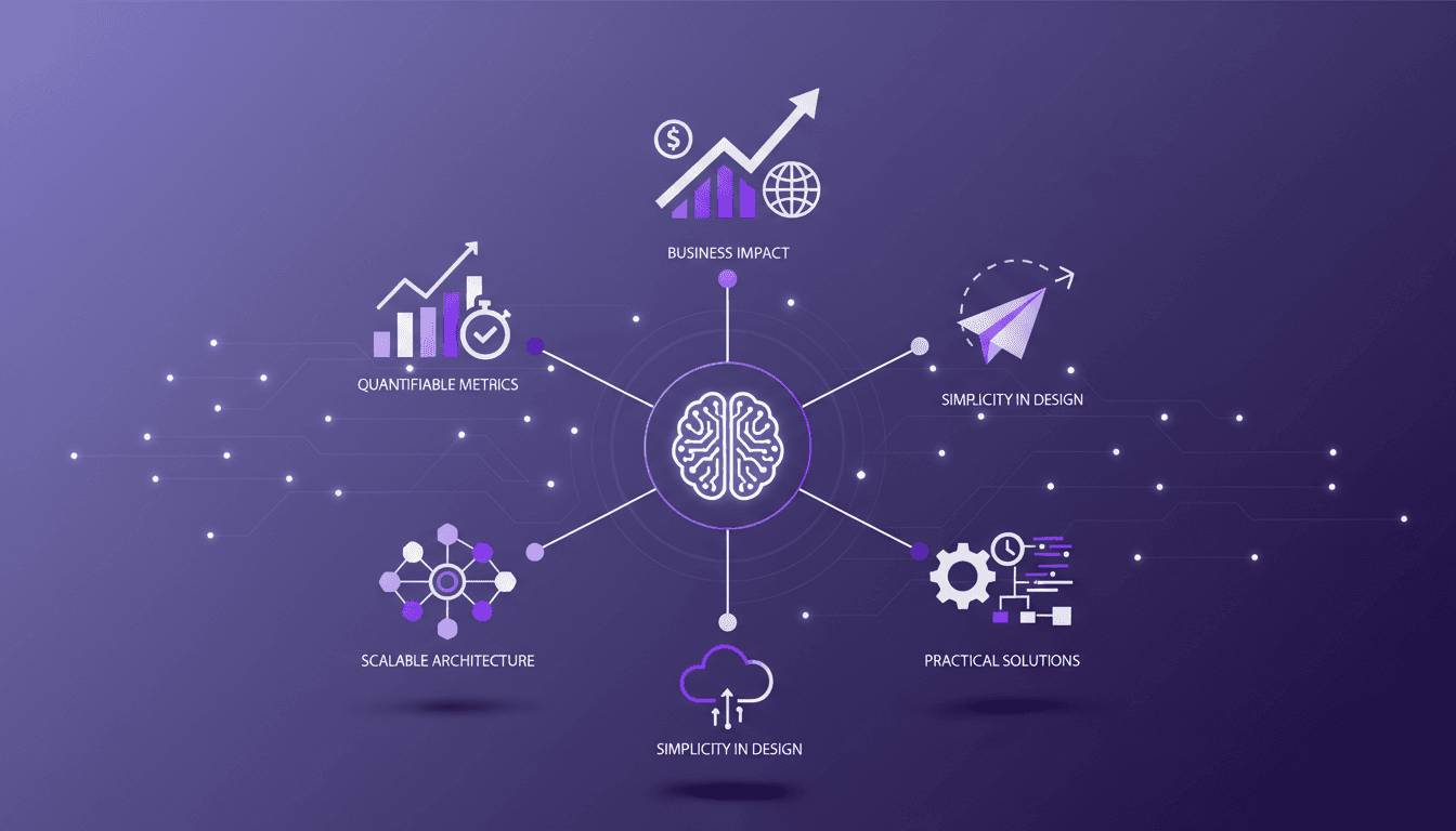 Modern illustration on the importance of quantifiable metrics in software engineering, business impact, simplicity, and large-scale design.