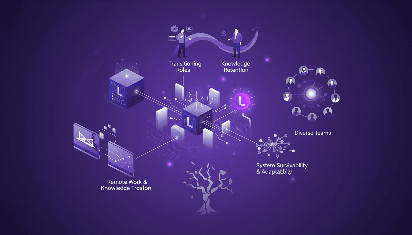 Modern illustration of problem-solving in software engineering, highlighting legacy systems and knowledge retention with a minimalist design.
