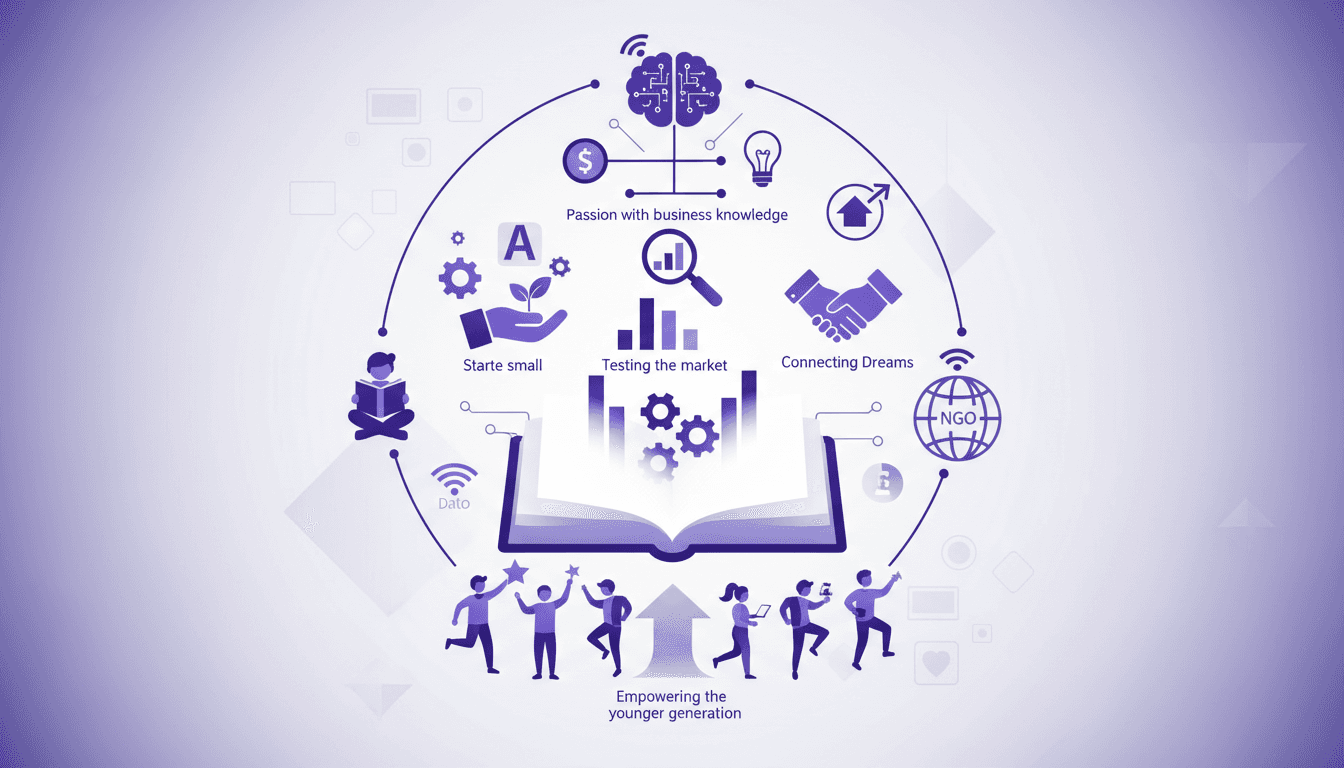 Illustration moderne d'une initiative de livre pour enfants, ONG pour les droits des femmes, éducation, et soutien aux jeunes.