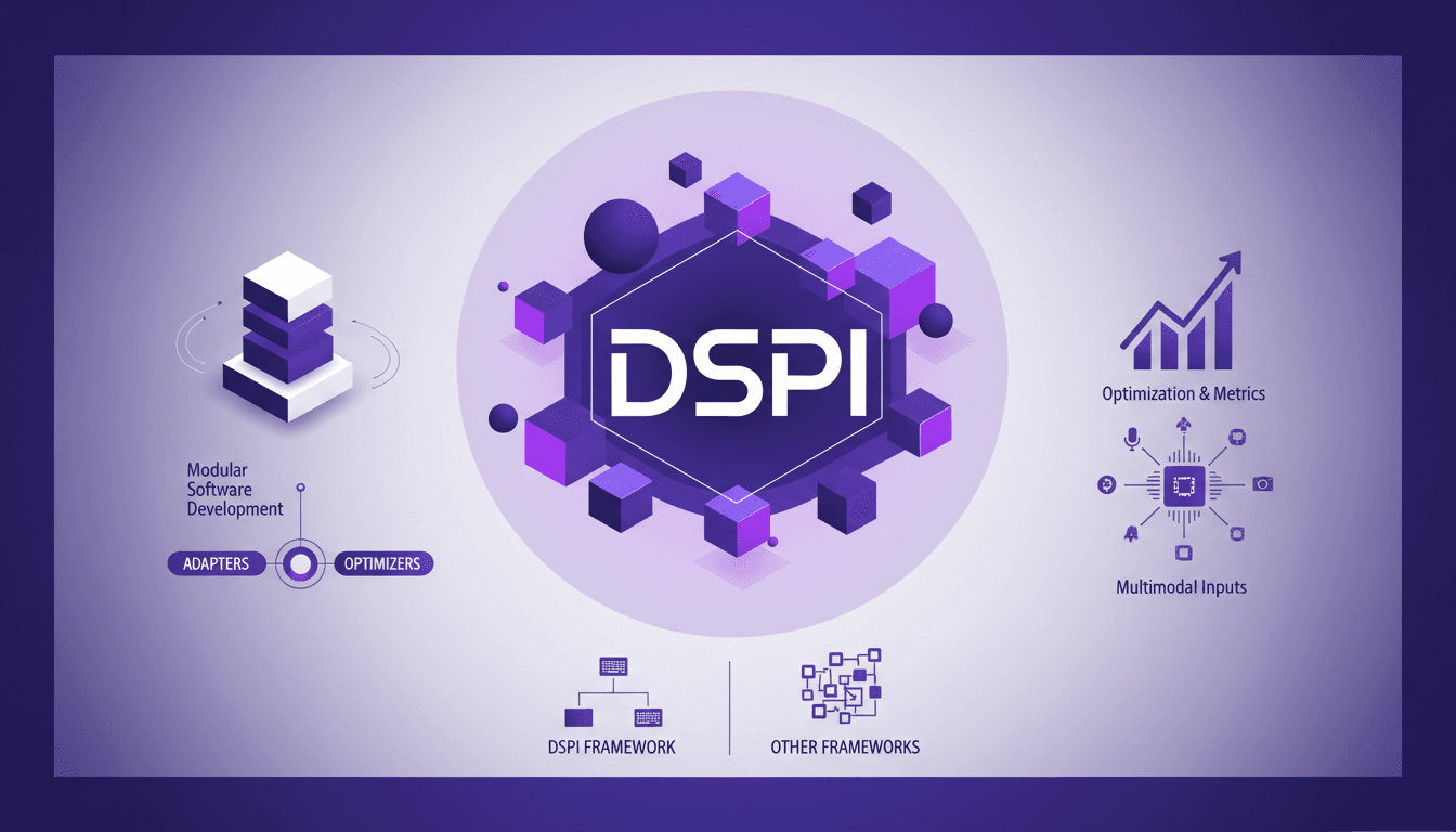 Illustration moderne de DSPI, développement logiciel modulaire, adaptateurs et optimiseurs, comparé à d'autres cadres, applications pratiques.