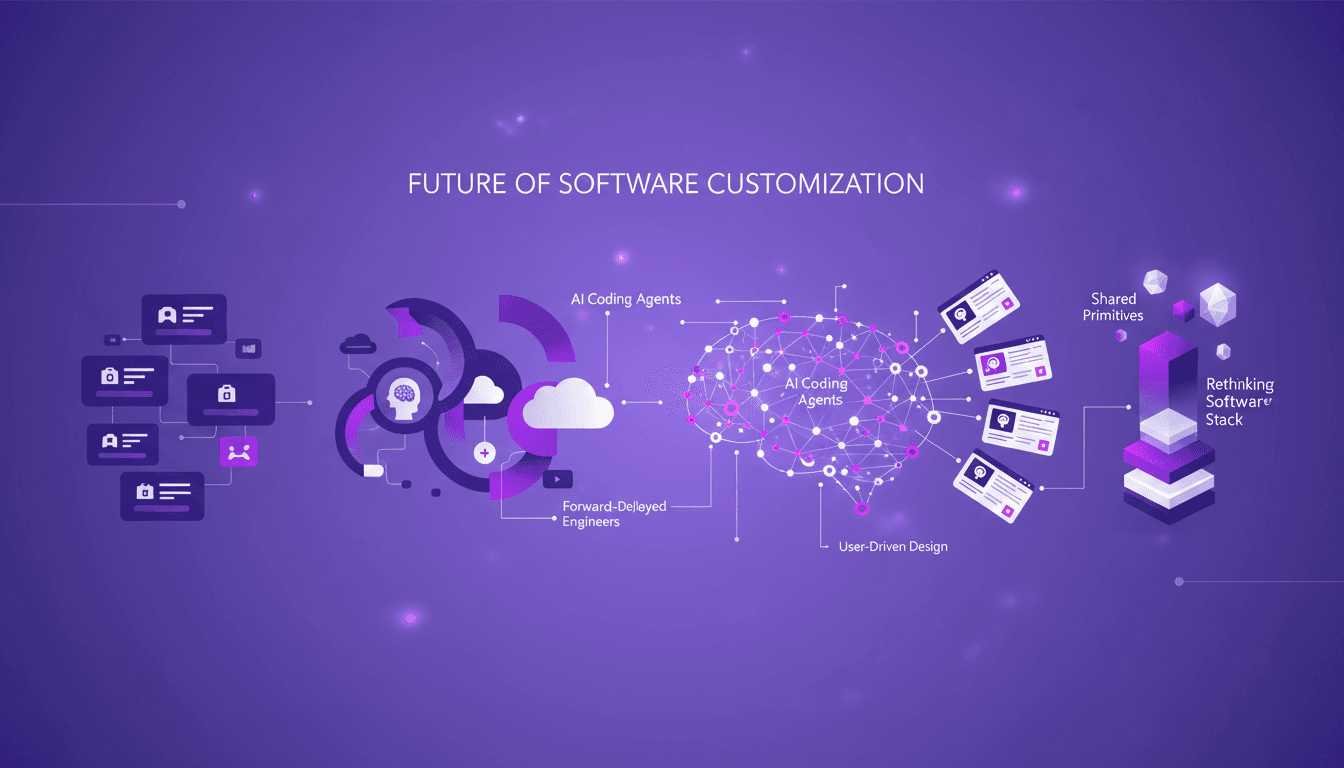 Modern illustration depicting software interface evolution, forward-deployed engineers, coding agents' impact on personalization, and user-driven design.