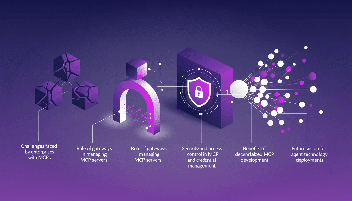 Modern illustration on enterprise challenges with MCPs, gateway management of servers, security, and scalability of MCPs.