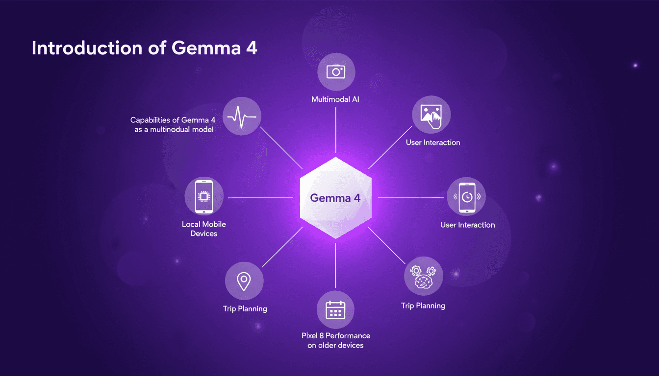 Modern illustration of Gemma 4, multimodal model, on mobile, Google AI Edge Gallery interaction, Pixel 8, trip planning