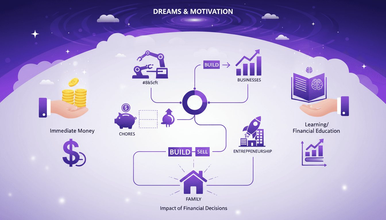 Illustration moderne du choix entre argent immédiat et apprentissage, mettant en valeur l'éducation financière et l'entrepreneuriat.