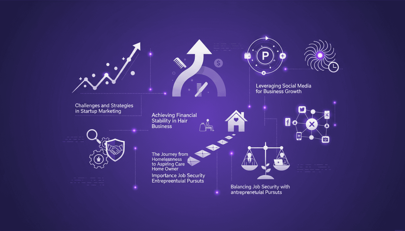 Illustration moderne de la stabilité financière dans le secteur capillaire, avec des formes géométriques et des dégradés violets.