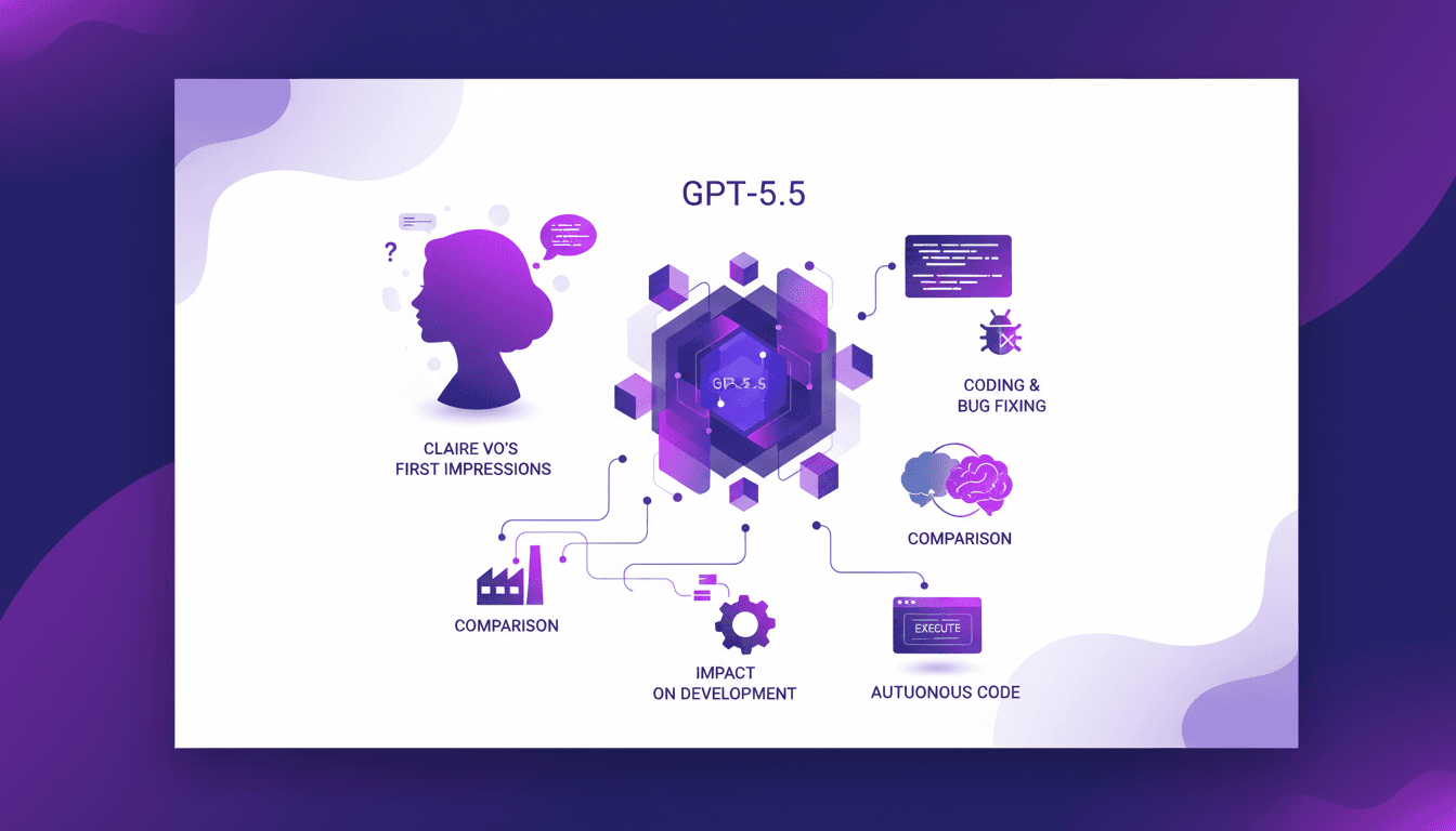 Illustration moderne de GPT-5.5, mettant en avant les premières impressions de Claire Vo et les performances en codage, bug fixing et exécution autonome.