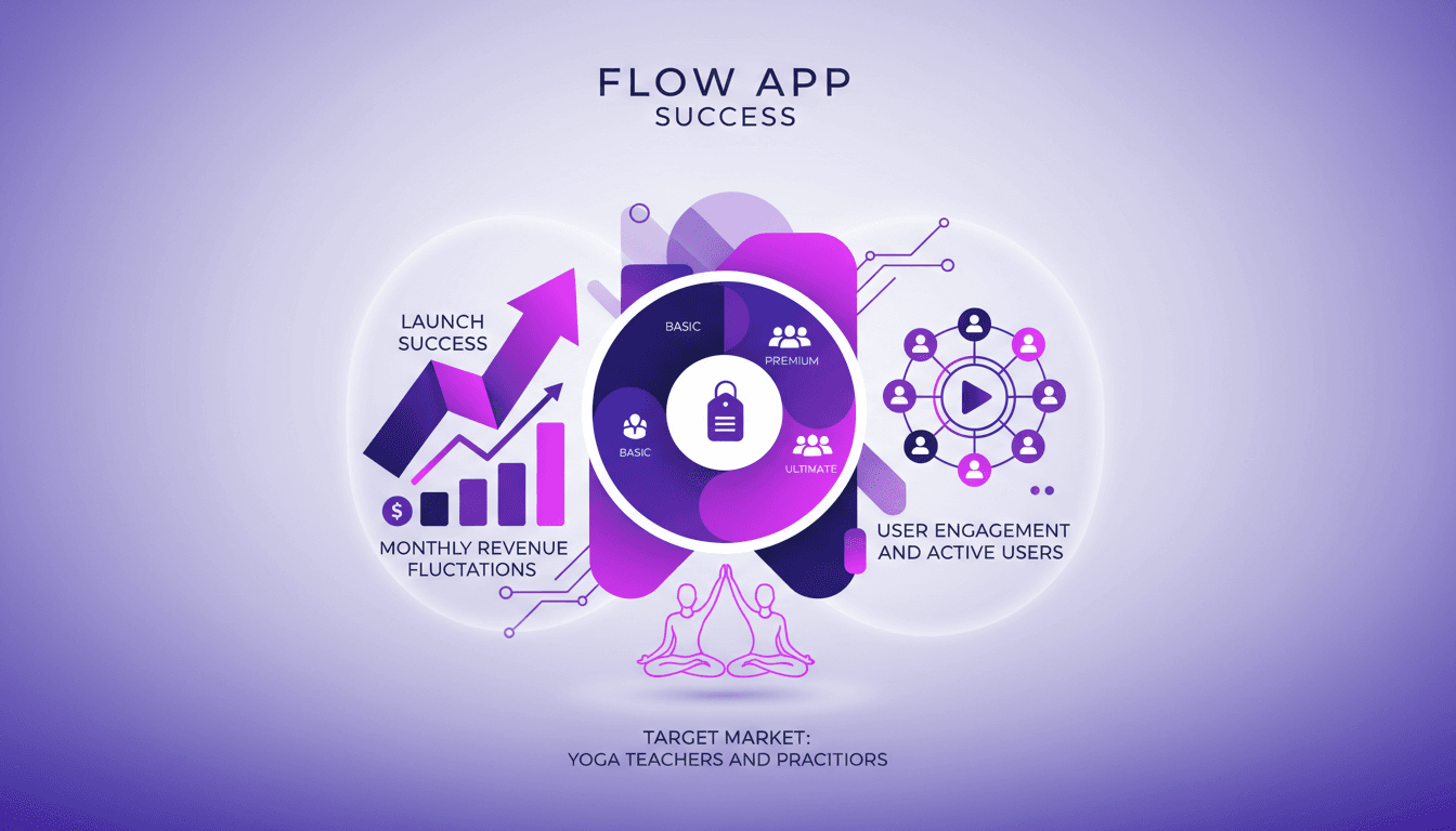 Modern illustration of Flow App launch success, pricing strategy, and user engagement for yoga teachers, featuring geometric shapes.
