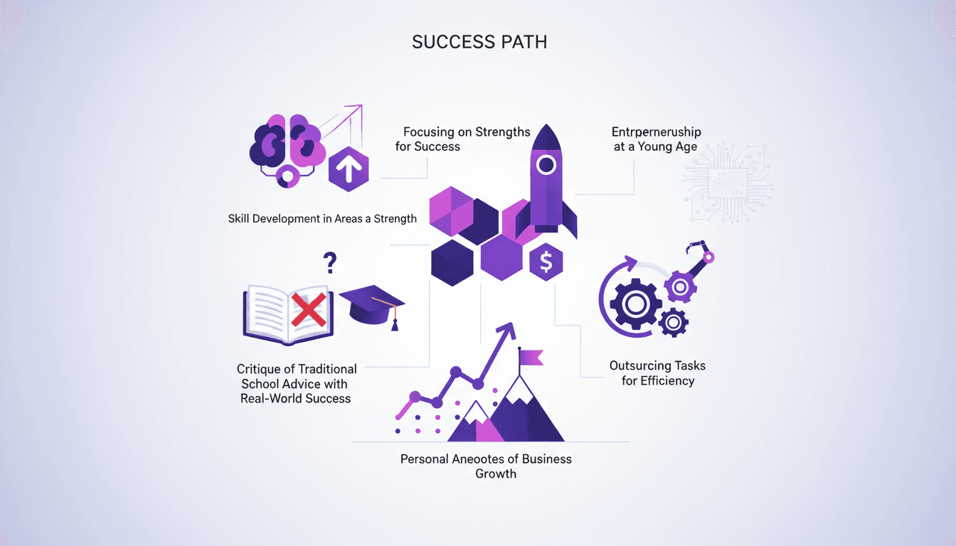 Modern illustration on young entrepreneurship, critique of schools, skill development, success by strengths, efficiency through outsourcing.
