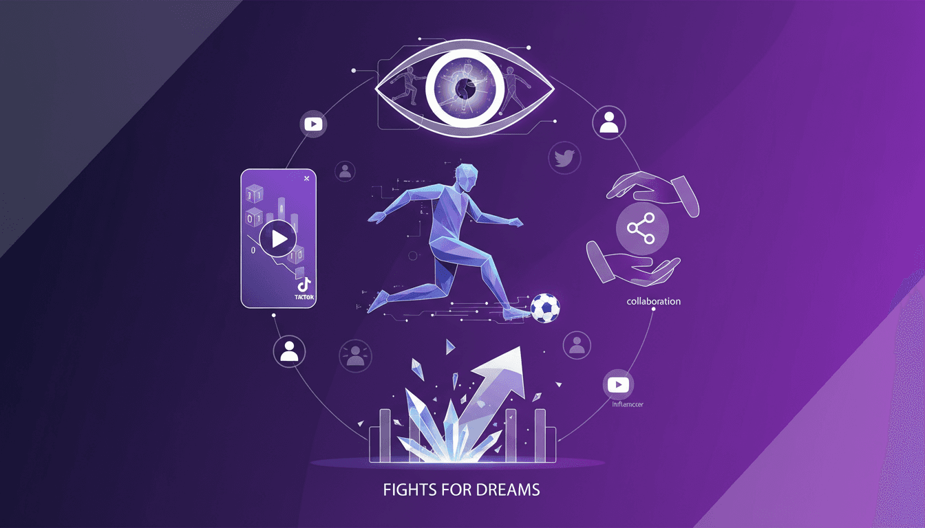 Modern illustration of scouting football skills, TikTok view challenges, creative collaboration, effective social media self-promotion