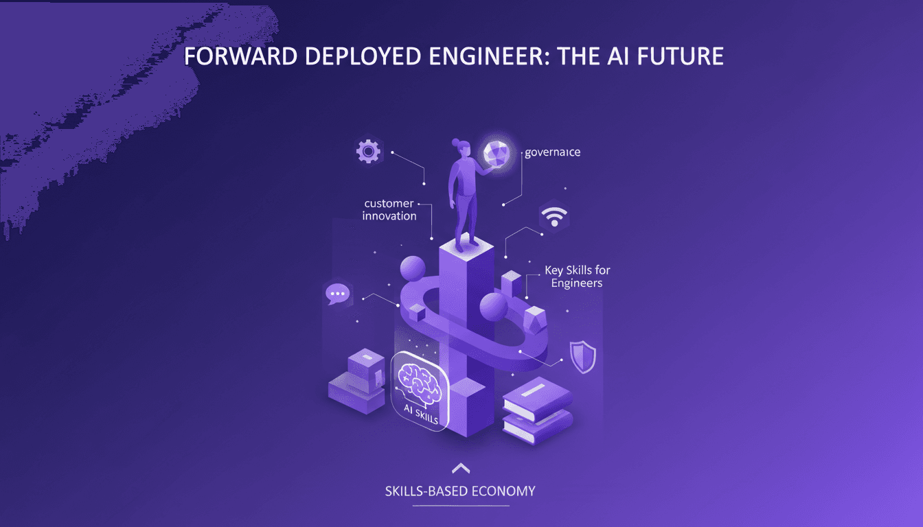 Modern illustration of the rise of Forward Deployed Engineers, highlighting AI skills importance and customer innovation role.