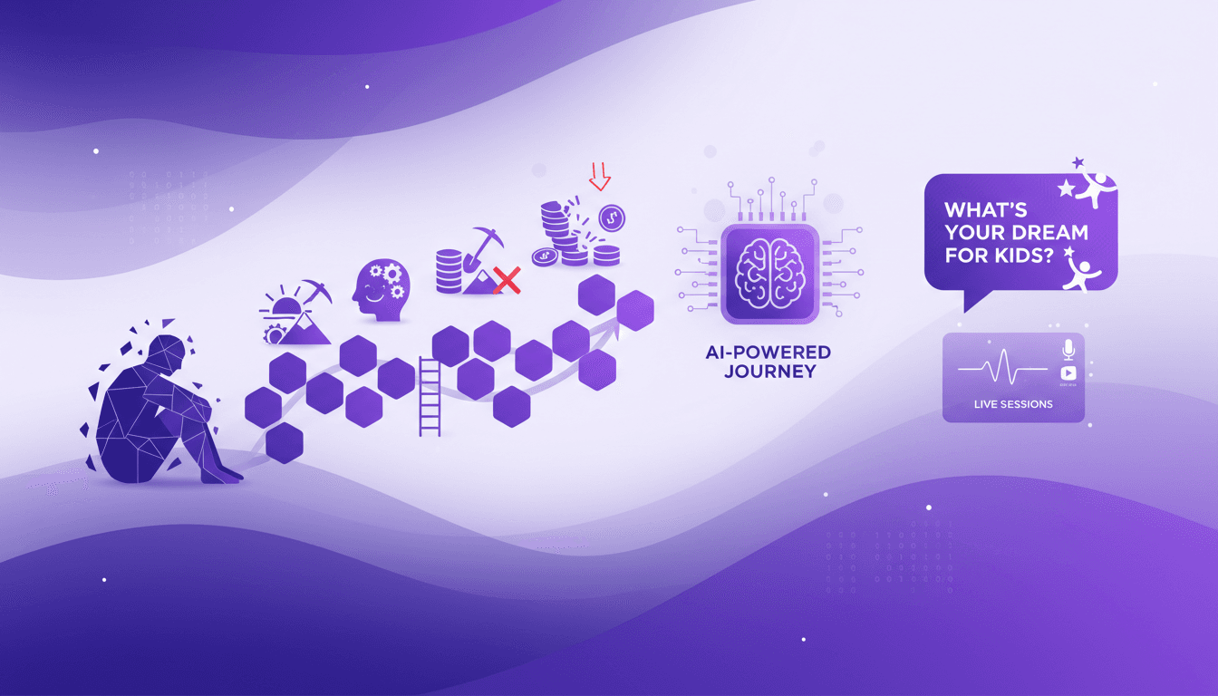 Modern illustration depicting the journey from homelessness to wealth, emphasizing hard work, enjoying work, and inspiring kids' dreams.