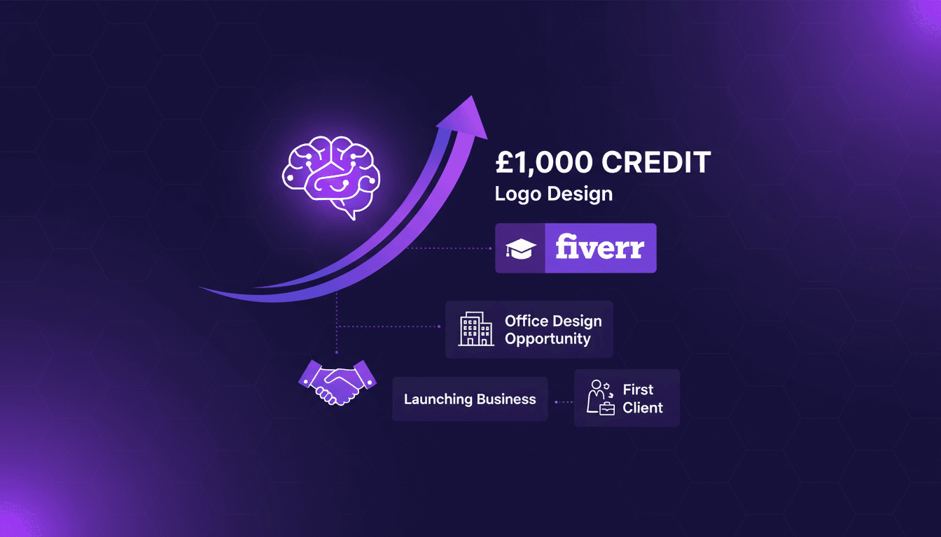 Modern, professional illustration showing encouragement to start a business with £1,000 logo design credit, Fiverr partnership, student opportunity to design an office, launching a business with the first client. Minimalist style with geometric shapes and subtle gradients.