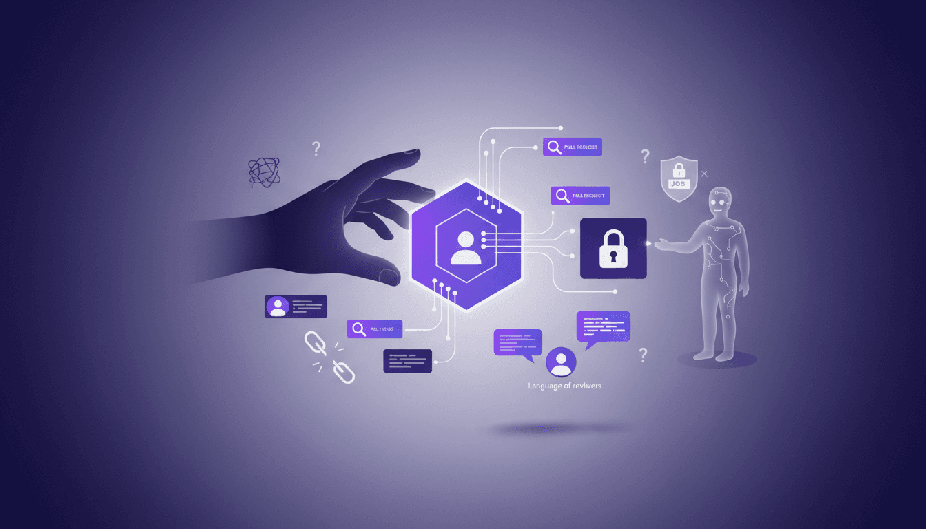 Illustration moderne sur l'embauche via GitHub, l'identité, l'analyse des pull requests, et les défis des contributions open source.