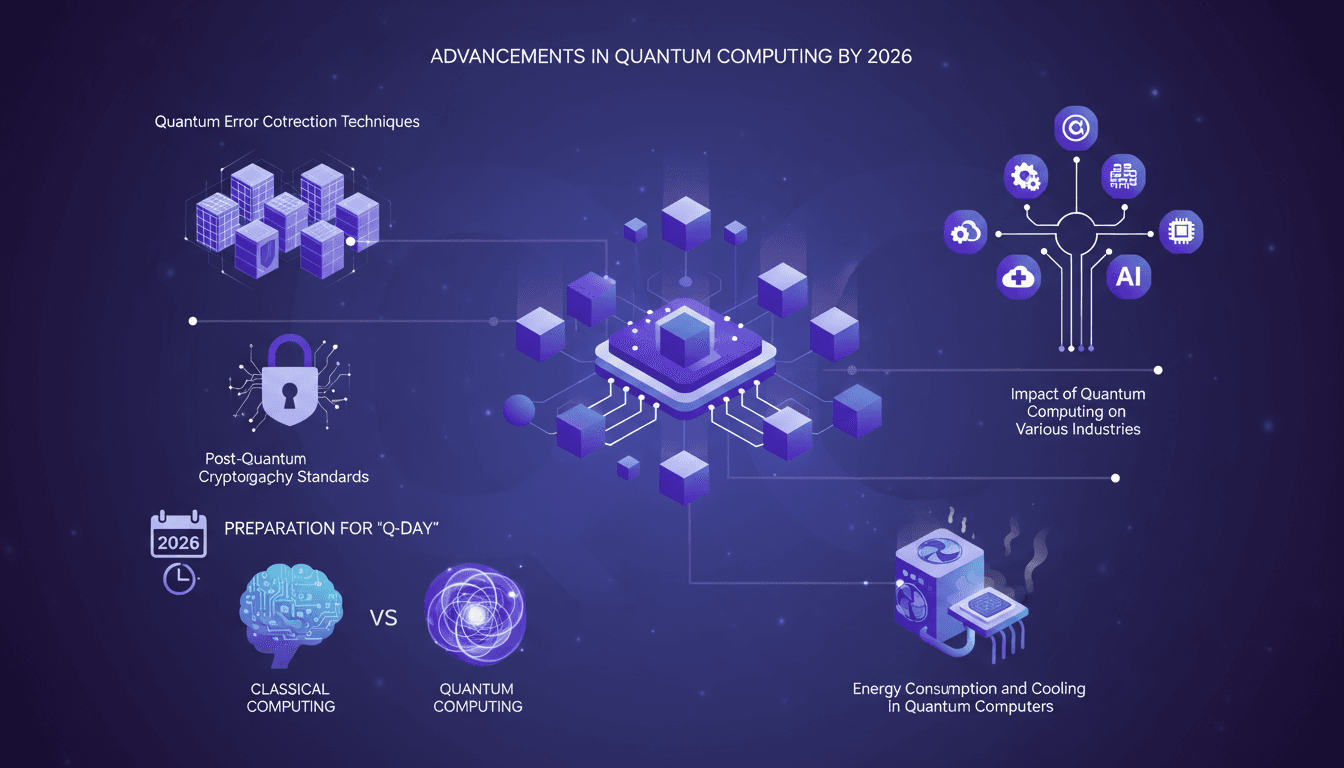 Modern illustration of quantum computing advancements by 2026, showcasing error correction, post-quantum cryptography standards.
