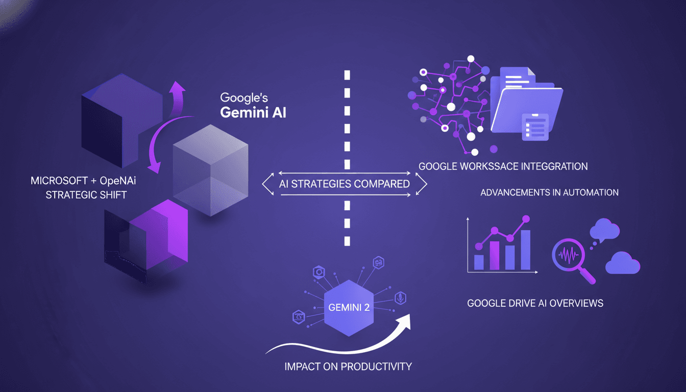 Modern illustration of Microsoft's investment in Open AI and Google's Gémini AI integration, comparing AI strategies and productivity impact.