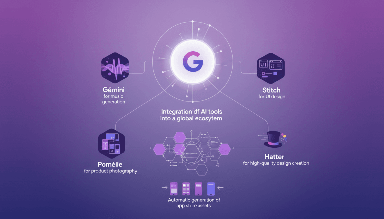 Illustration moderne de lancement des outils IA gratuits de Google avec Gémini pour musique, Pomélie pour photo produit, intégration globale.
