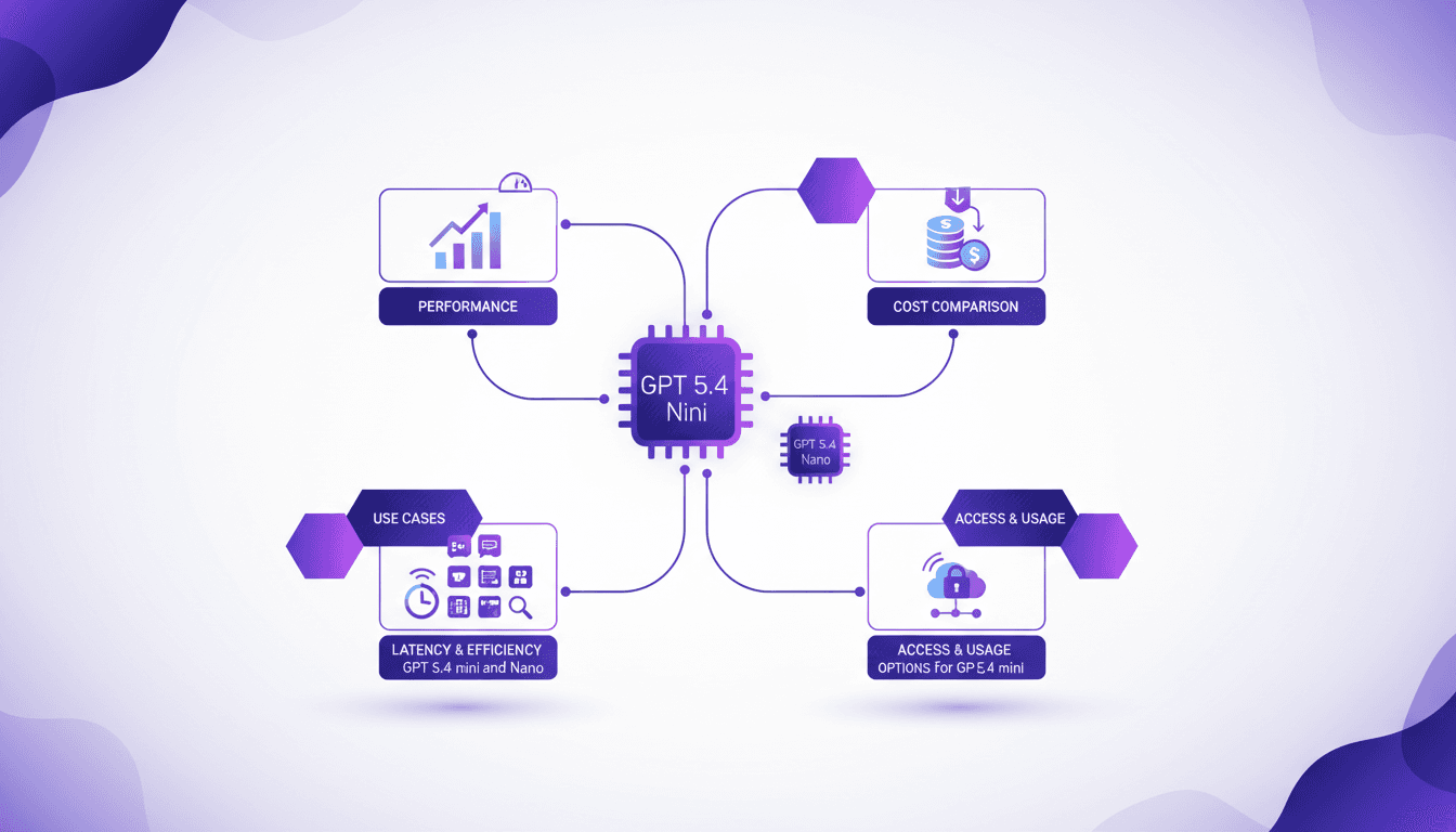 Illustration moderne de GPT 5.4 mini et Nano, performance et coût, cas d'utilisation, efficacité, options d'accès, AI