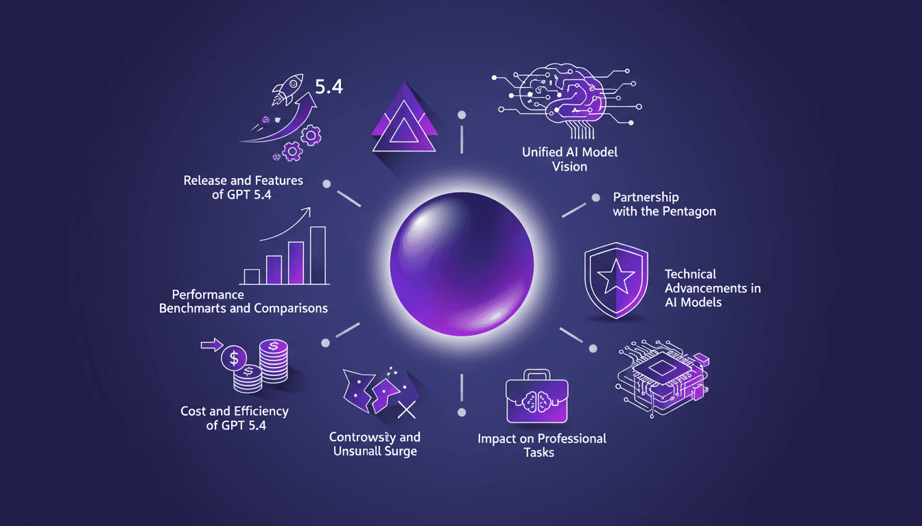 Modern illustration depicting GPT 5.4 release features, benchmarks, Pentagon partnership, and impact on professional tasks.