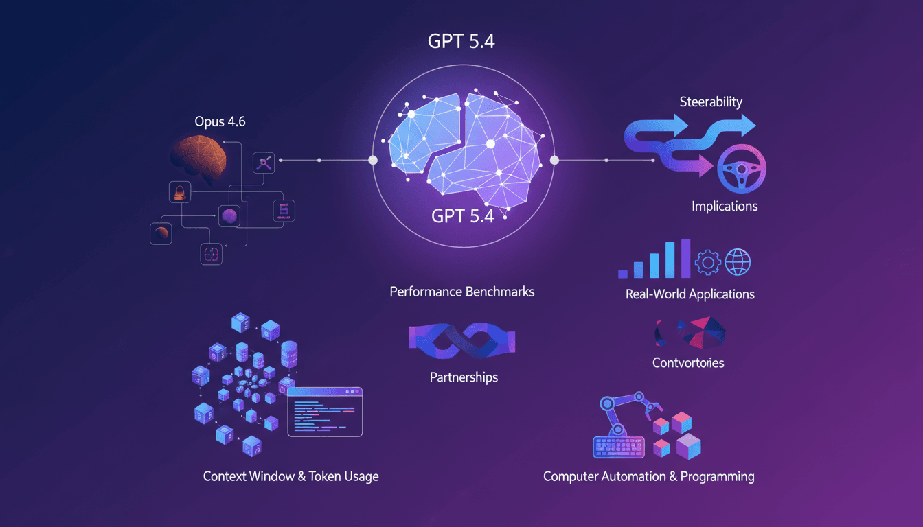 Modern illustration of GPT 5.4 vs Opus 4.6, highlighting features, controversies, and AI applications in a professional style.