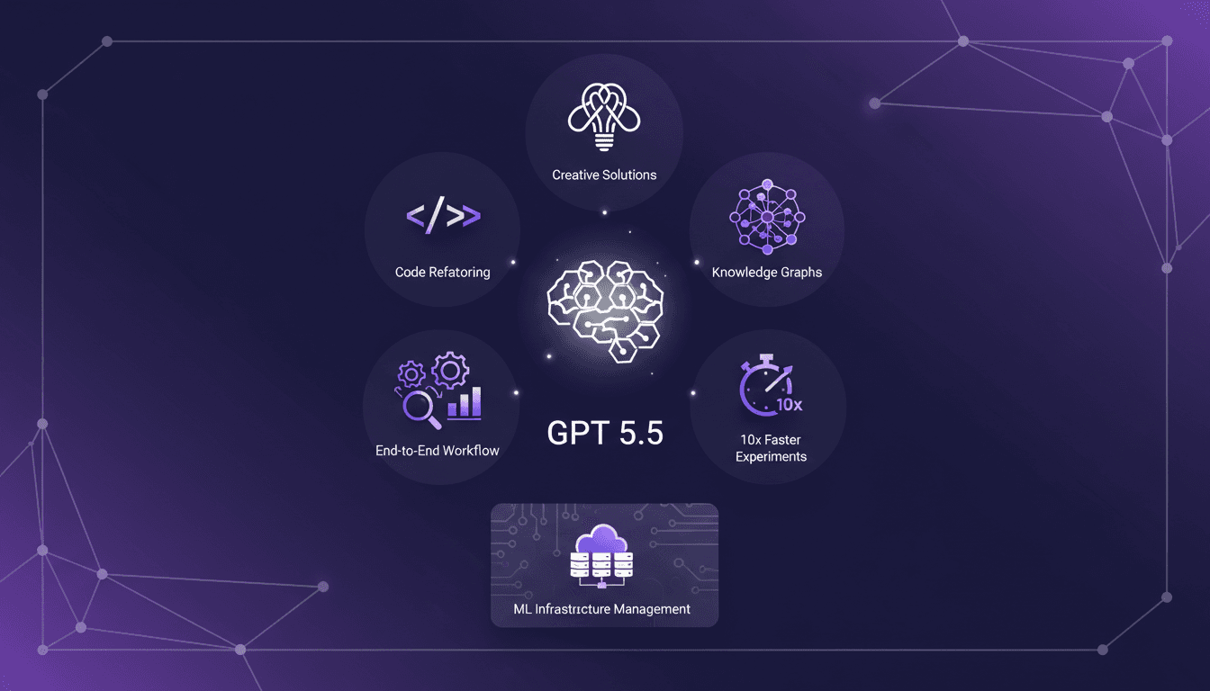 Illustration moderne de GPT 5.5 illustrant ses capacités créatives, refactorisation de code, gestion de workflows et infrastructure IA