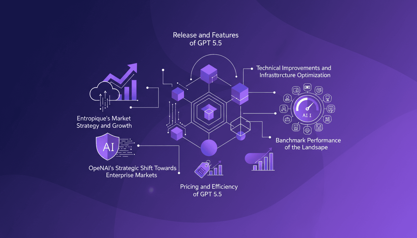 Illustration moderne de GPT 5.5 avec stratégies de marché d'Entropique, impact du Cloud Code, et performance concurrentielle IA.