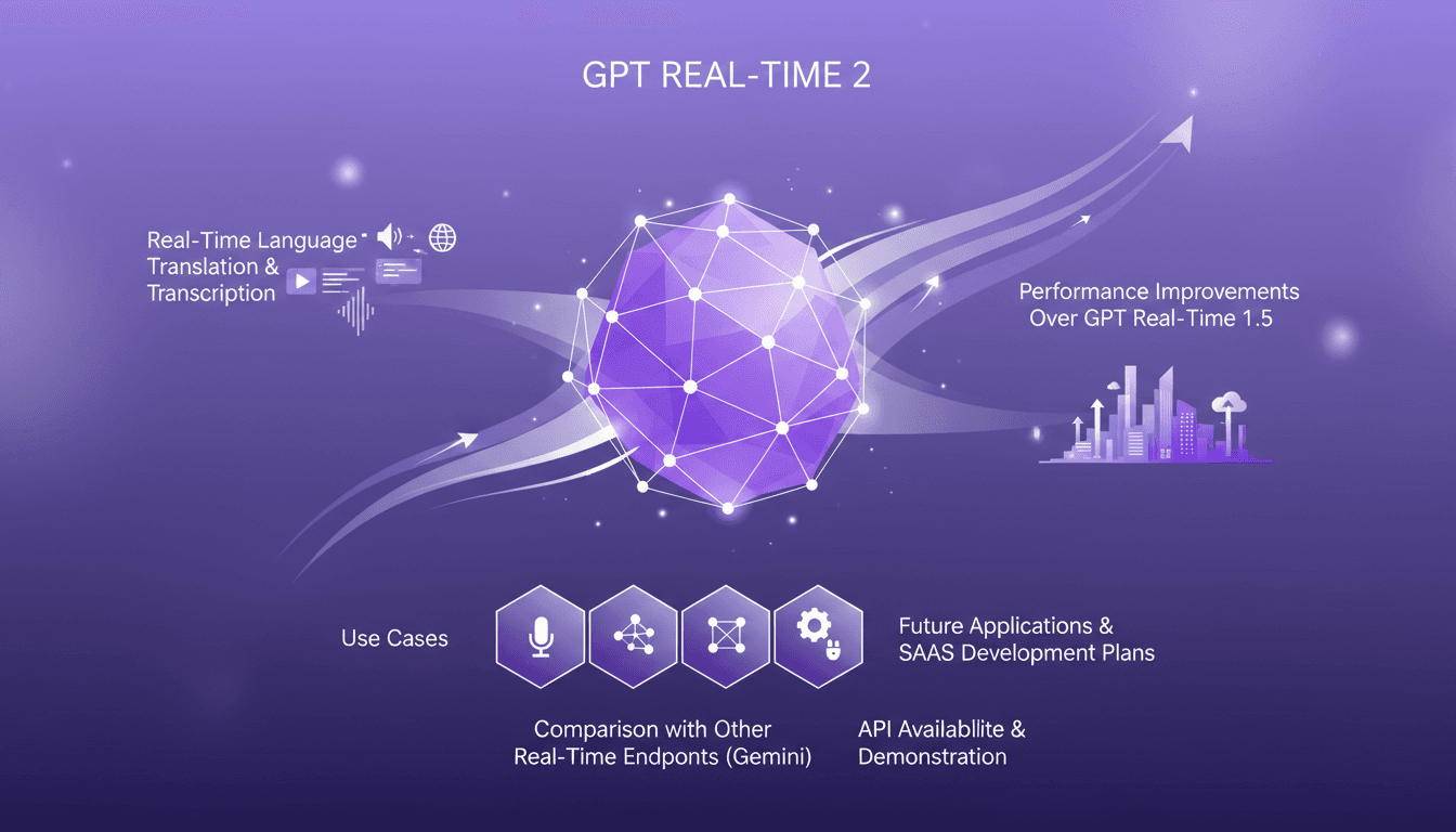 Modern illustration of GPT real-time 2 launch, highlighting enhanced capabilities and future applications in translation and transcription.