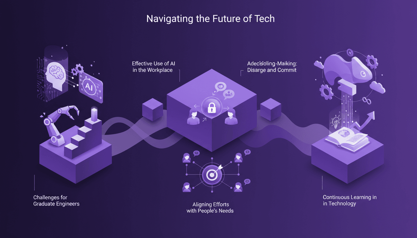 Illustration moderne des défis des ingénieurs diplômés, utilisation efficace de l'IA, stratégies de décision, alignement des efforts, adaptabilité technologique.