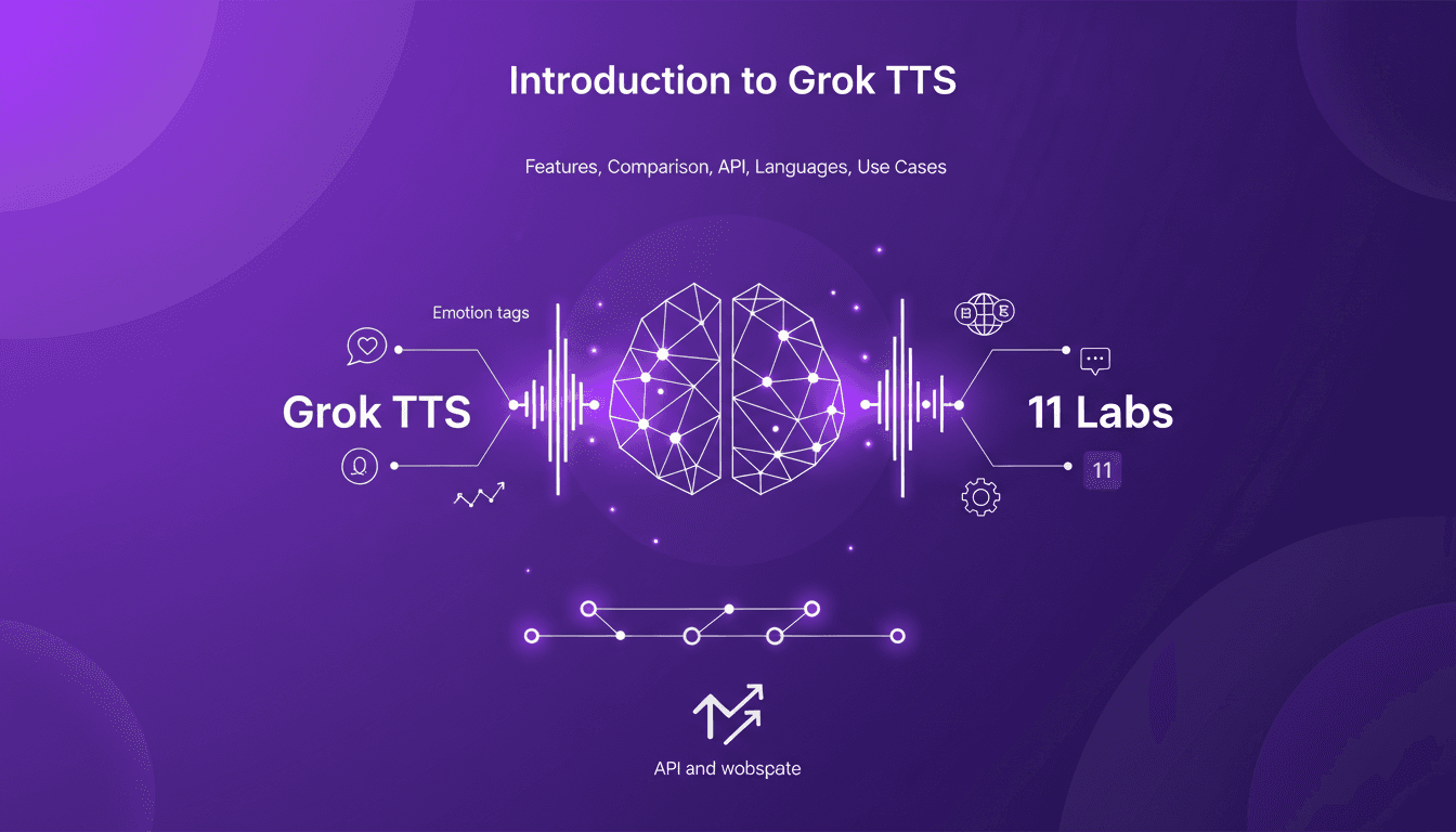 Modern illustration of Grok TTS features, comparing with 11 Labs, API integration, multilingual performance, cost-effectiveness.