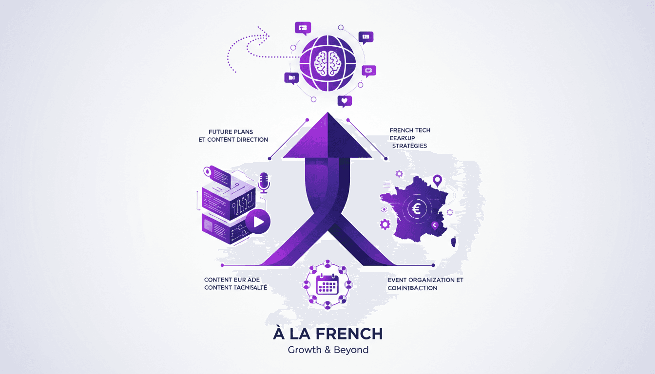 Modern illustration depicting 'A la French' podcast growth, audience engagement, accessible content, and the French tech ecosystem.