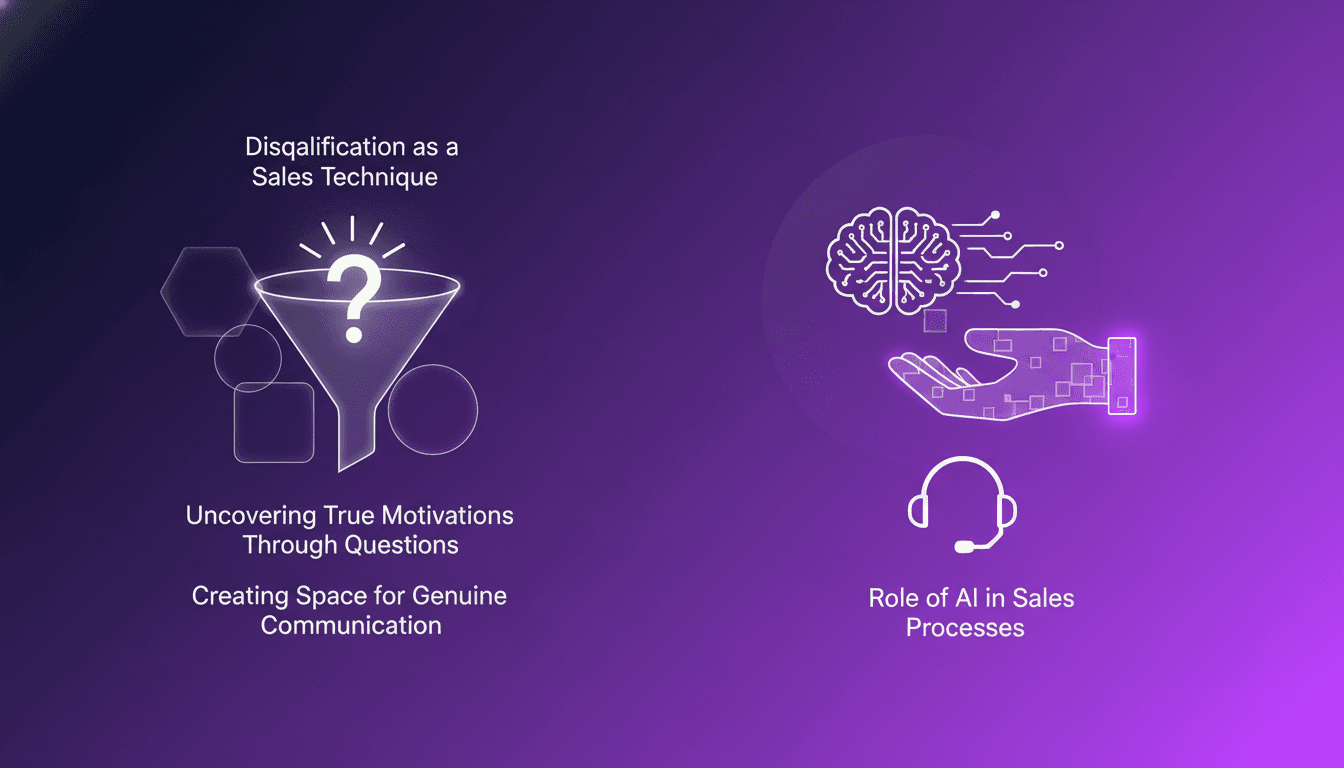 Illustration moderne sur l'absence d'objections en vente, technique de disqualification, motivations réelles, communication authentique, rôle de l'IA.