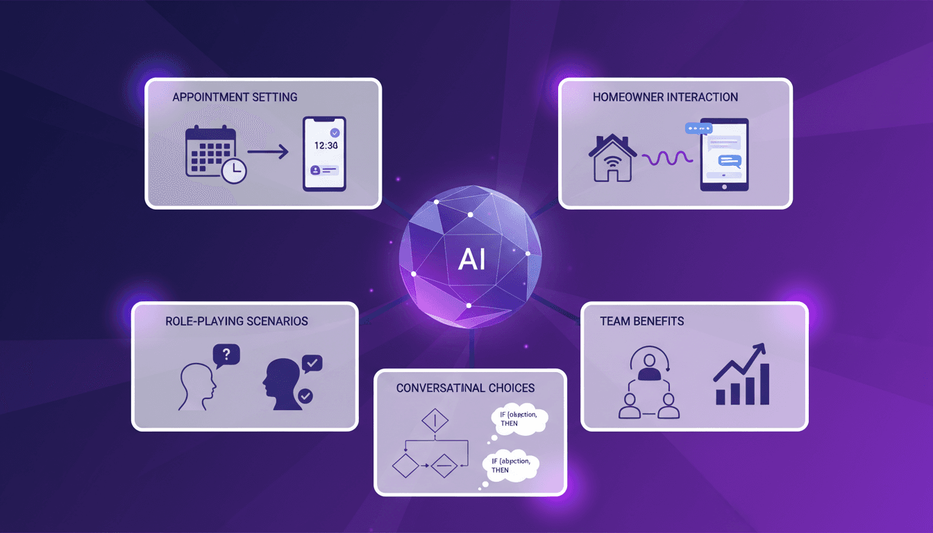 Modern illustration of AI lead manager setting appointments, role-playing scenarios, interactions with homeowners, team benefits