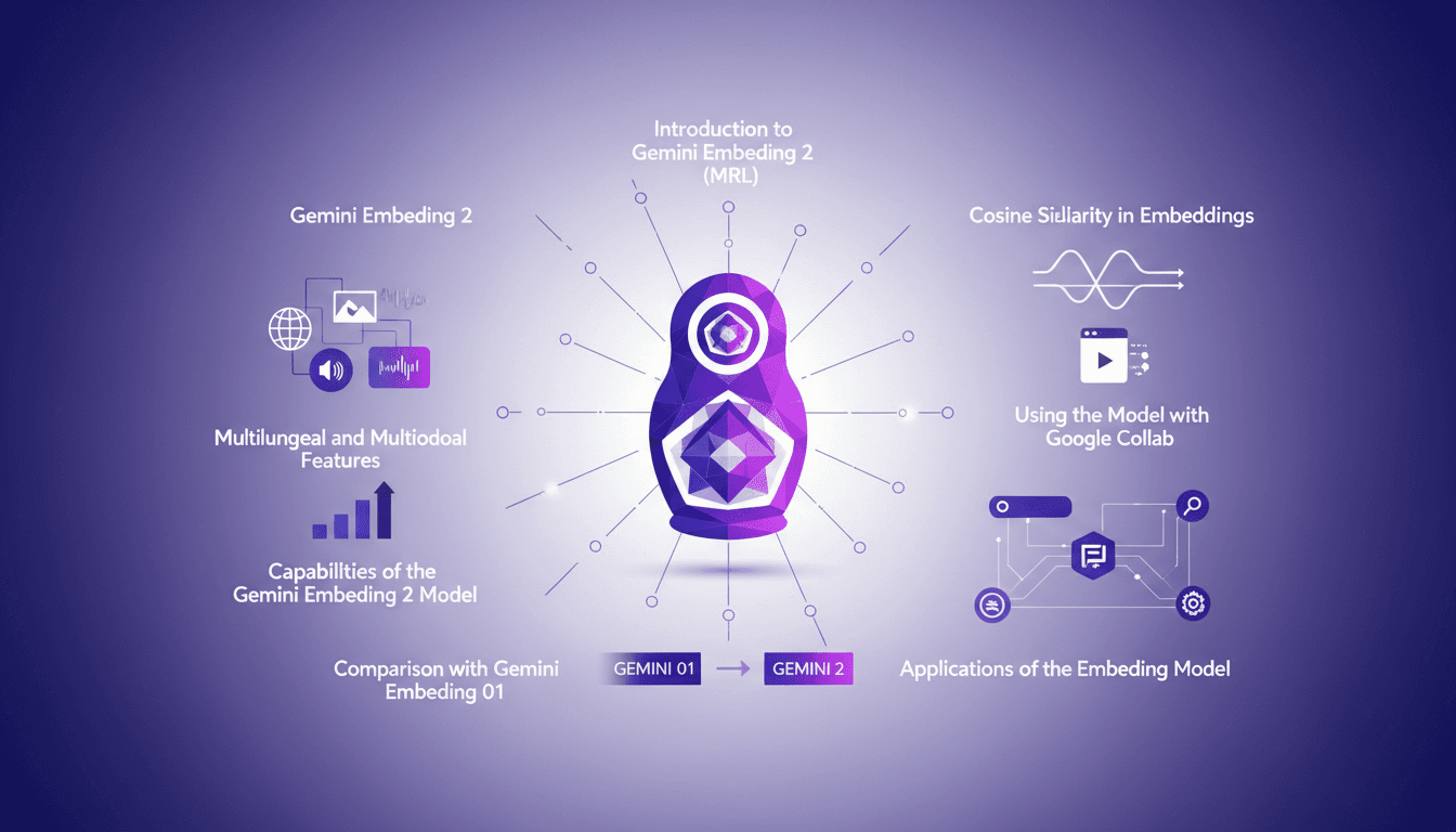 Modern illustration of Gemini Embedding 2 introduction, showcasing MRL learning, comparison with Embedding 01, and multilingual features.