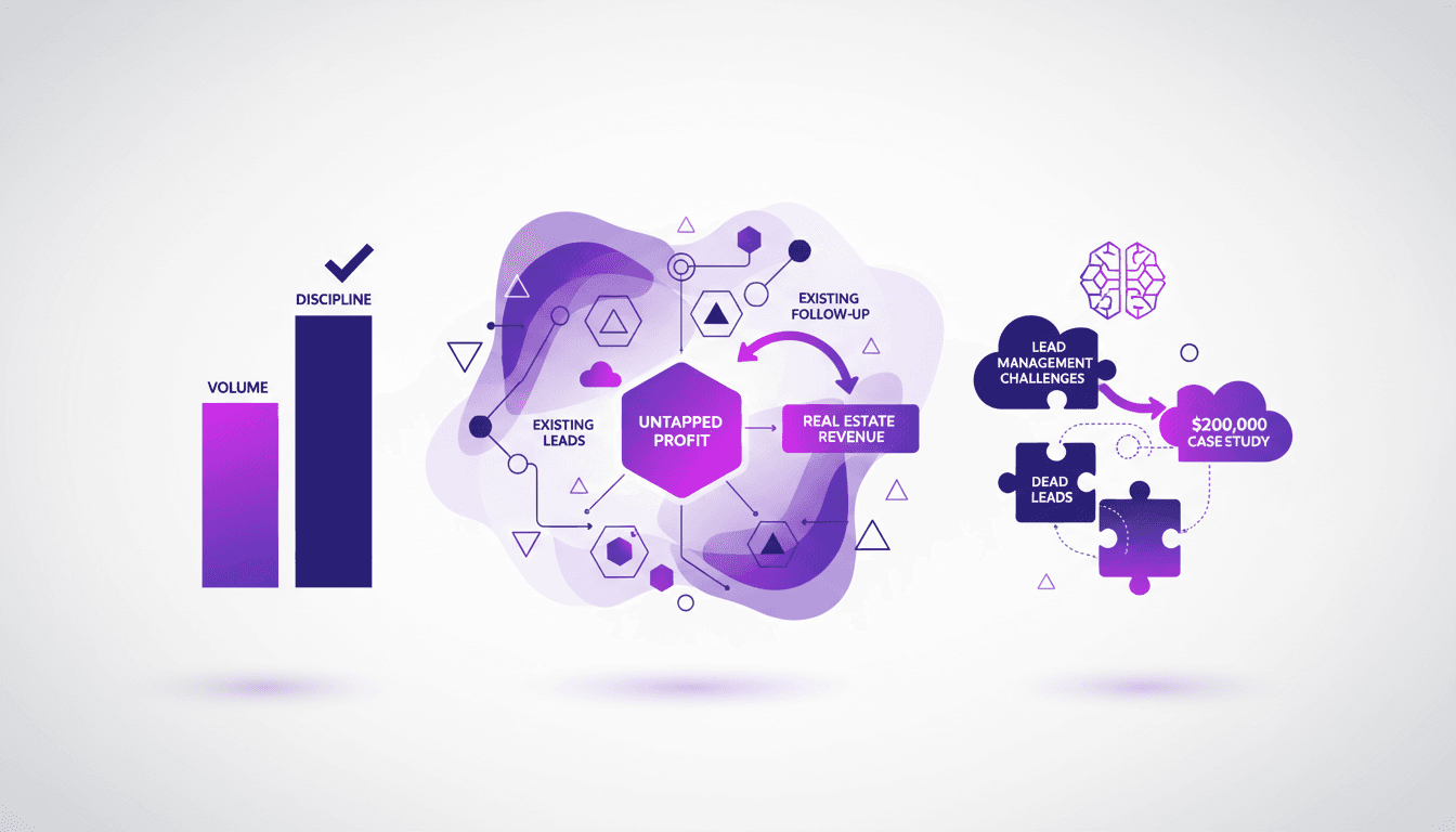 Modern illustration of untapped profit in CRM databases, real estate follow-up importance, disciplined sales strategy.