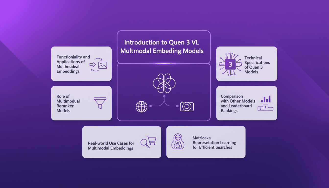 Modern illustration of Quen 3 VL multimodal embedding models, functionality, applications, and technical specs in AI.