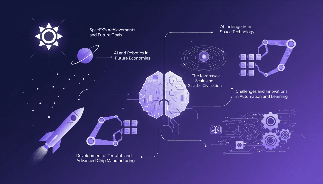 Modern illustration of solar energy for space exploration, SpaceX achievements, AI and robotics in future economies.