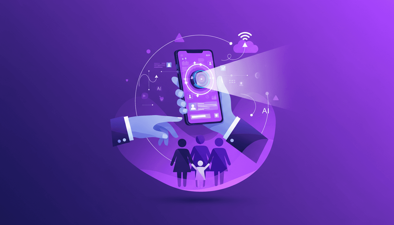 Illustration moderne d'une famille aidant un membre en difficulté, avec technologie AI, pour un article sur la générosité et création de contenu.