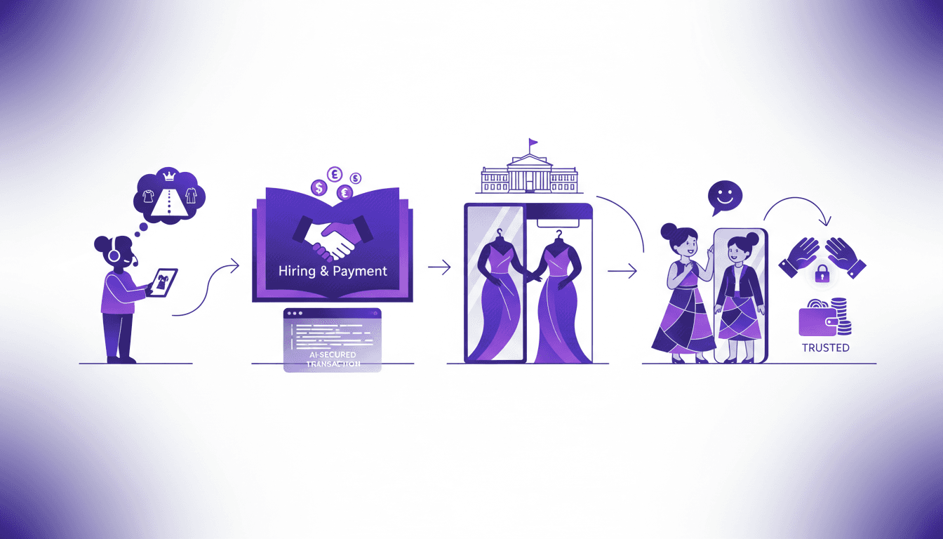 Modern illustration of a kid aspiring to be a stylist, prepping a client for a London Palladium show, symbolizing trust and innovation.