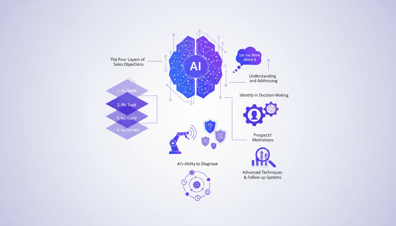 Modern illustration of AI in sales, objection handling frameworks, advanced sales techniques, featuring geometric shapes and violet gradients.