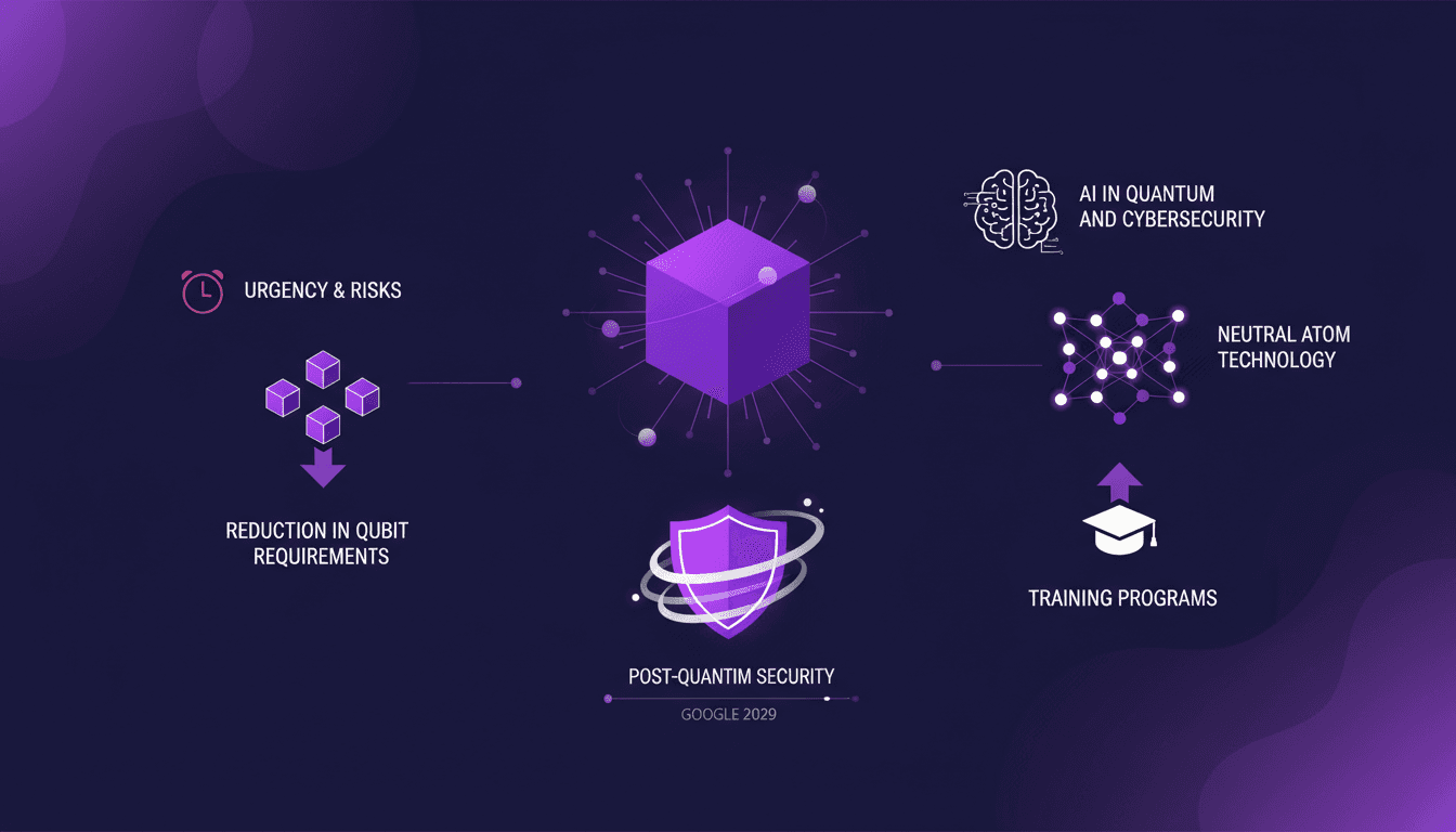 Modern illustration of advancements in quantum computing and cryptography, Google's post-quantum security shift, neutral atom tech