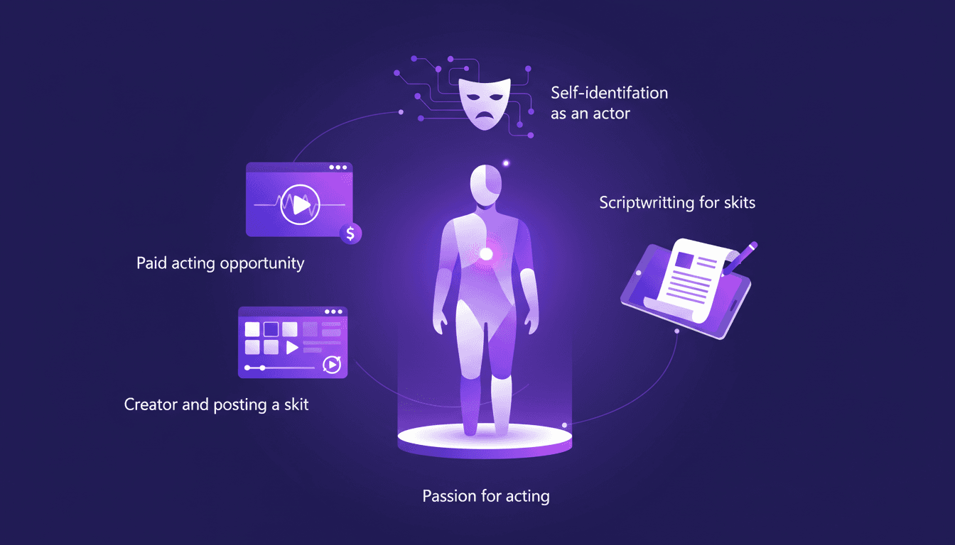 Modern illustration of a passionate actor writing a skit, featuring geometric shapes and indigo-violet gradients.