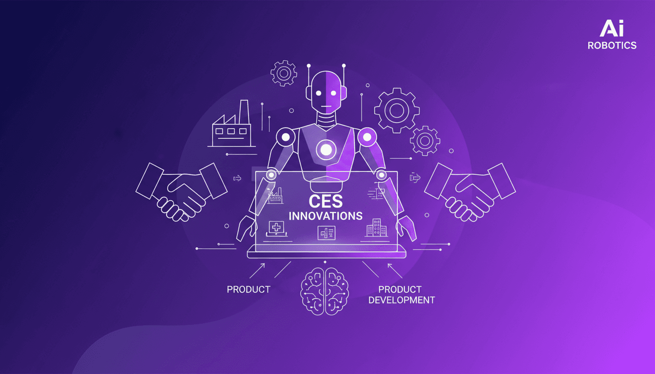 Modern illustration depicting CES's role in showcasing robotics innovations, promoting collaboration, and introducing humanoid robots to industries.