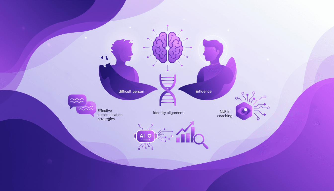 Modern illustration of identity alignment and Tony Robbins' coaching techniques with AI and NLP, communication strategy